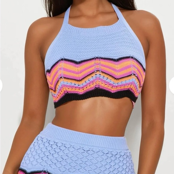 Retro Waves Crochet Halter Skirt Set - Blue/combo - Picture 3 of 5